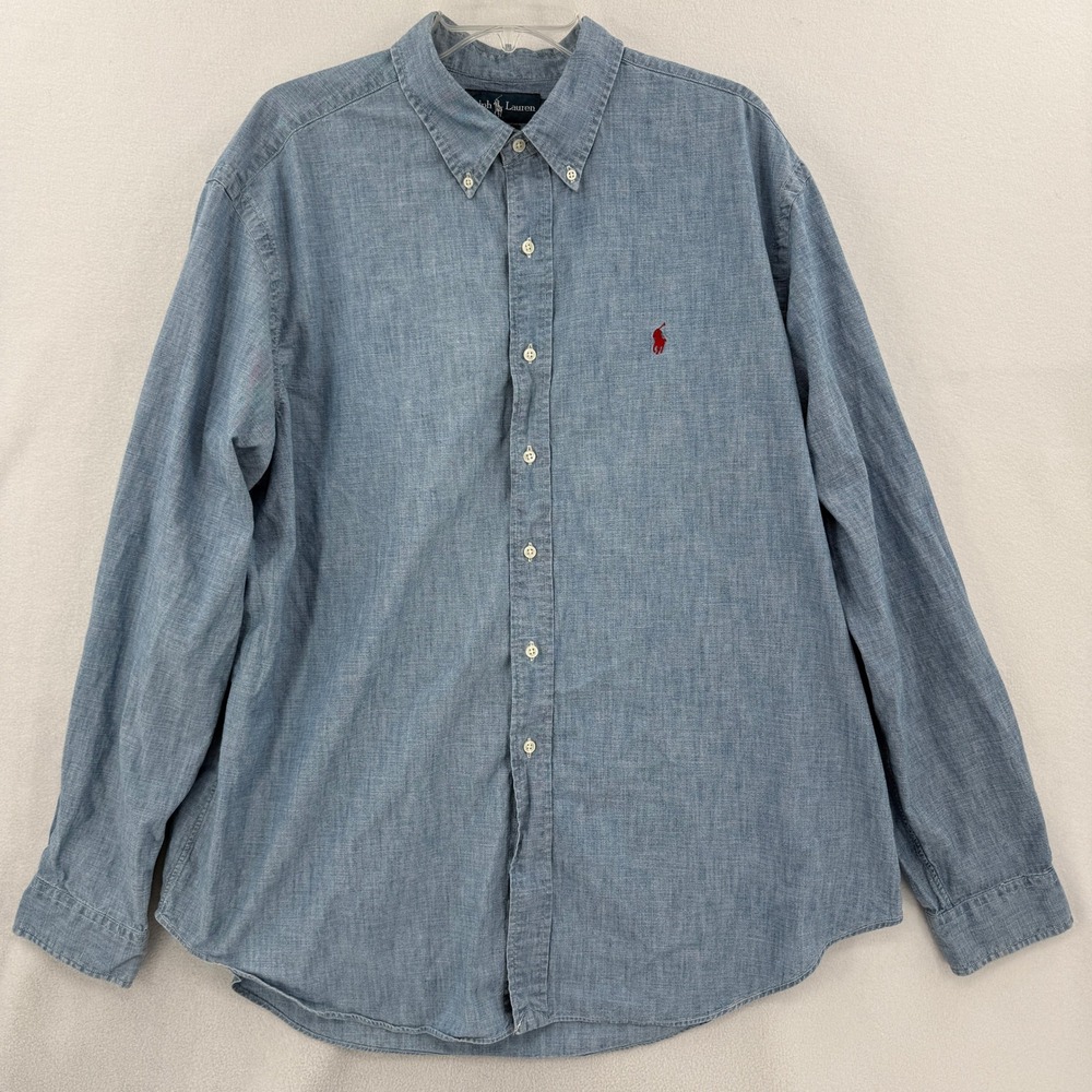 Ralph Lauren Chambray Button Down Shirt Mens XXL Blue Classic Fit Cotton Pony